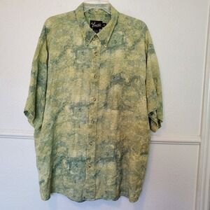 Dick Idol Mens 2XL Silk Cotton Green Abstract Print Short Sleeve Button Down